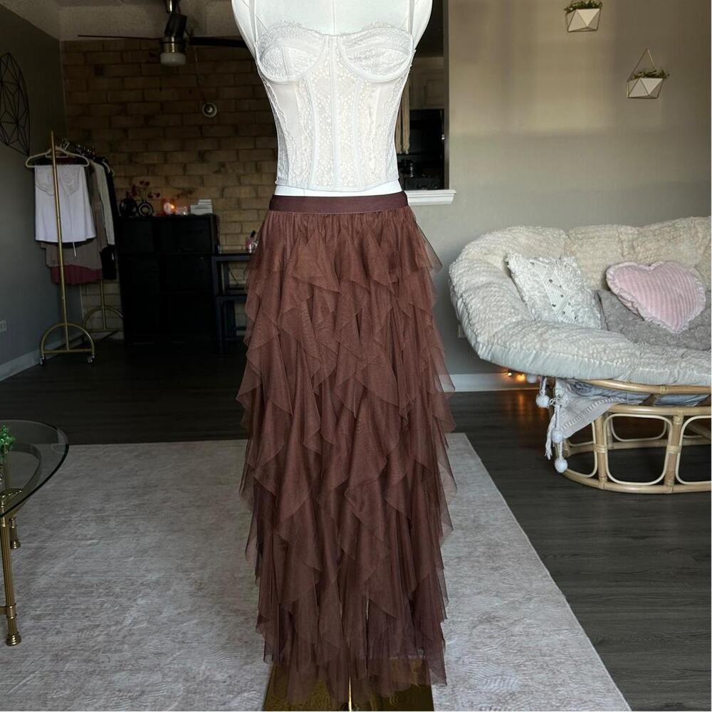 Soho apparel brown ruffle maxi skirt size small